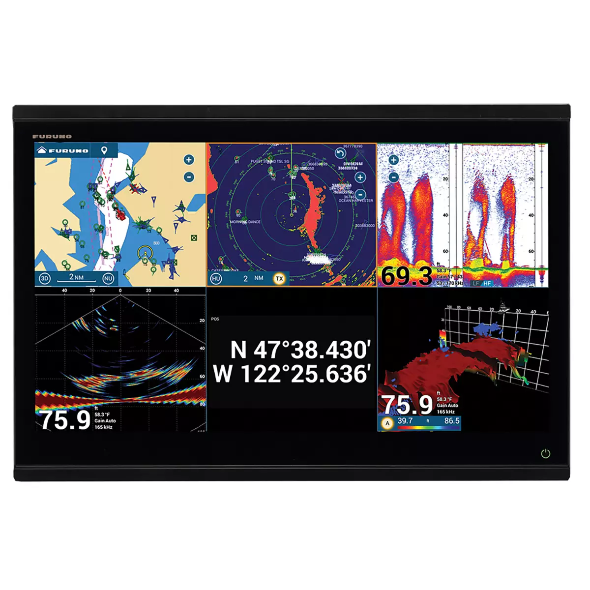 Massive-22-inch-Furuno-TZT22X-all-glass-display-showing-a-6-way-split-screen-with-radar-and-TZ-MAPS.webp Furuno TZT22X Multifunction Display - Image 1